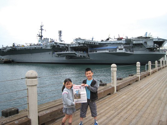 Sophie and Jake Shitara visit the U.S.S. Midway Museum in San Diego. The Midway is a U.S. Navy aircraft carrier. It was decommissioned in 1992 and is now a museum.