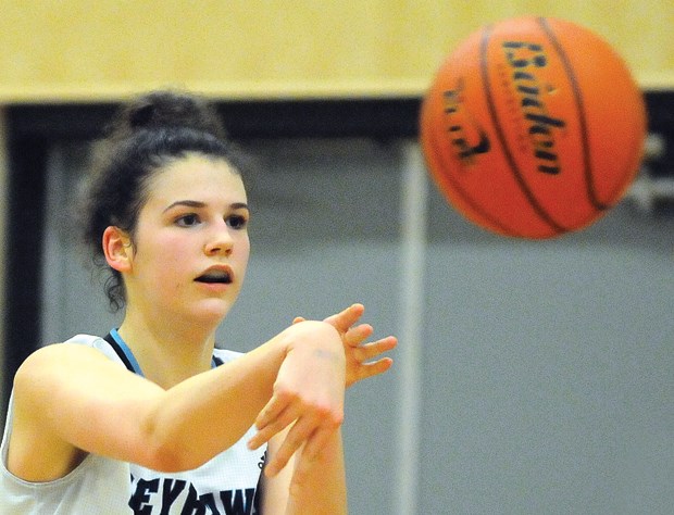 Seycove’s Sage Stobbart makes a pass during a recent North Shore senior girls Premier League matchup. The six-foot-two Grade 11 forward has been tagged as a prospect by Canada Basketball, attending several age-group identification camps. photos by Cindy Goodman, North Shore News
