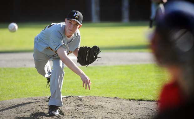 Mount Seymour pitcher Cameron Filippone fires in the balls during the game against Valleyfield Quebec