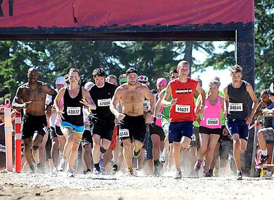 The start of the Warrior Dash on Mount Seymour, a 5.3 kilometer trail run with a dozen obstacles to challenge the fittest of participants.