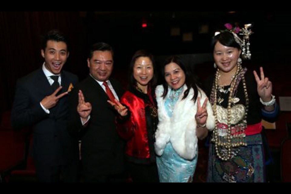 Chinese film star Haoran Xiao, left, Victoria businesswoman Rain Li, centre, flanked by Global Women&rsquo;s Federation of Commerce of Canada partners Peter Chu and Tammy Jue, and director Chouchou Ou, who flew in from China for the world premi&egrave;re of her new film The Grand Song.