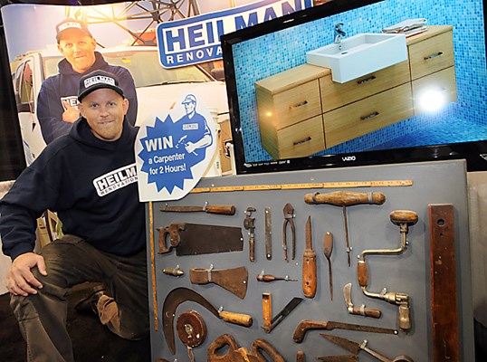 Joe Heilman of Heilman Renovations with a display of old tools at The Ideal Home Show which took place at Harry Jerome Arena over the weekend of March 29-31 featuring a wide variety of exhibitors displaying new products and services for the home and garden.