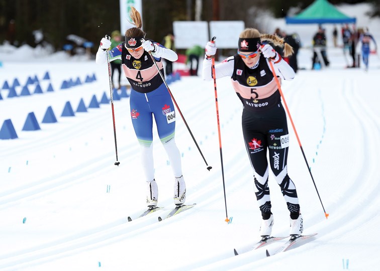 Katherine Stewart-Jones, left, and Cendrine Brown, right, give it their all off the starting line in the Open Women's heats of the Buff Sprint held at Otway Nordic Centre on Saturday. Roughly 155 male and female athletes participated in the Classic Sprint race. Citizen Photo by James Doyle February 20, 2016