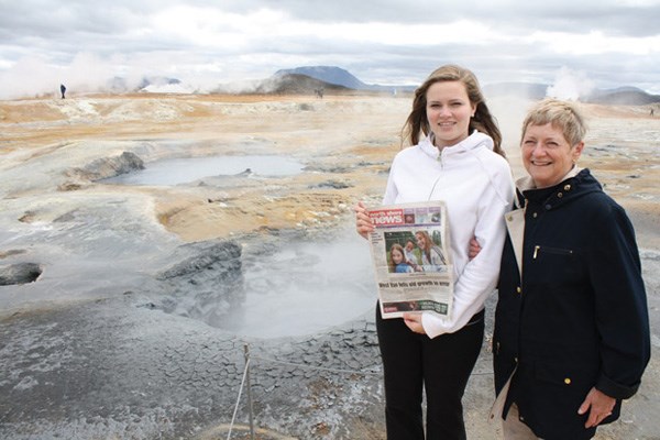 Natasha Clayton and her grandmother Jackie Bjornson visit hot mud springs while on a trip to Namaskard in Iceland.