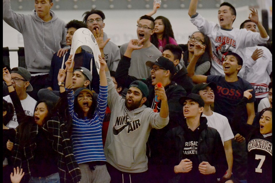 A big turnout of Cambie Crusaders students and supporters made for an electric atmosphere at the Richmond Olympic Oval on Thursday night for the Lower Mainland AA championship game.
