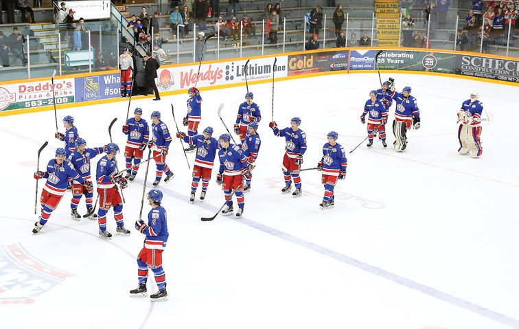 Prince George Spruce Kings salute the 1243 fans in attendance after a 7-2 victory over Surrey Eagles on Sunday at Rolling Mix Concrete Arena. The Spruce Kings and Eagles met in what was the final regular season BCHL game for both teams. Citizen Photo by James Doyle February 28, 2016