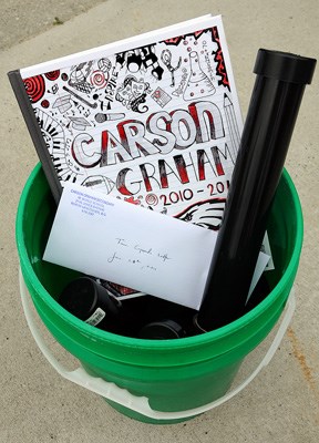 The time capsule bucket contains signatures of the entire student body including Balmoral campus students, signatures of all the staff, a letter from principal Steve Garland, the 2010-2011 year book and a single eagle feather.