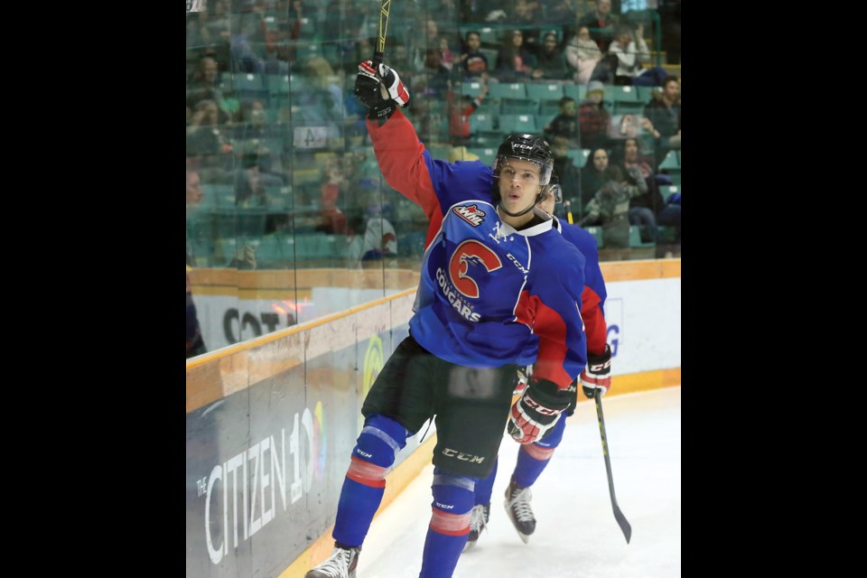 Prince George Cougars Brad Morrison celebrates after scoring his 26th goal of the season on Saturday at CN Centre. The Spokane Chiefs were in town to take on the Cougars in the second game of a weekend doubleheader. Citizen Photo by James Doyle March 5, 2016