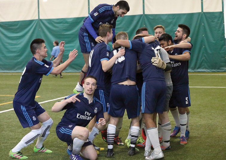 Subway celebrates after defeating JTM Homes 4-3 on Sunday at Northern Sport Centre. Subway and JTM Homes met in the men's A Final of the BC Indoor Soccer League's final tournament of the season. Citizen Photo by James Doyle March 6, 2016