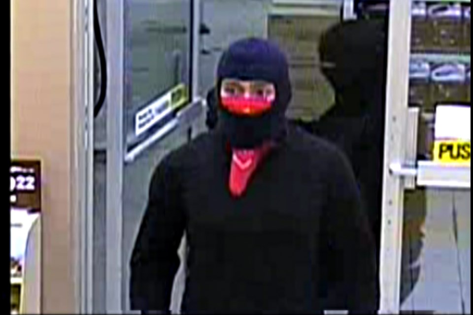 The male suspect is described a South Asian or First Nations male of muscular build who was wearing grey jeans, black jacket, dark shoes, a black balaclava mask and red bandana. March 7, 2016