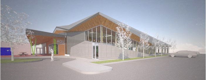 An exterior rendering of the proposed Vanderhoof Aquatic Centre.