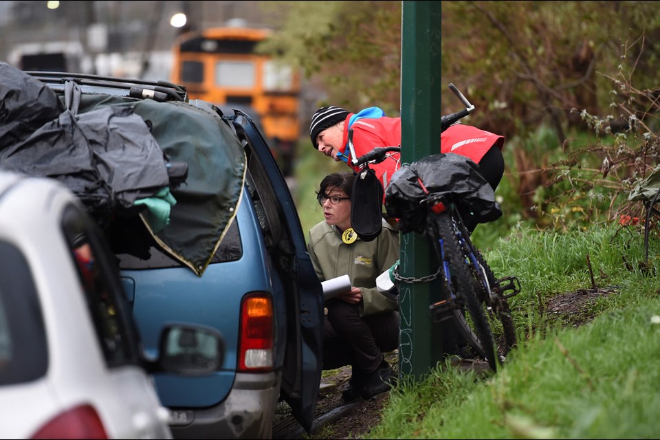 Coun. Andrea Reimer (left) and Rena Kendall-Craden, the city's director of communications, spent Thursday morning speaking to homeless people as part of this year's homeless count in Vancouver. Photo Dan Toulgoet