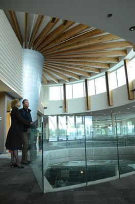 Artists for Kids Director Yolande Martinello and Mark Thomson SD44 Capital project Manager Standing on the fifth floor of the new building.