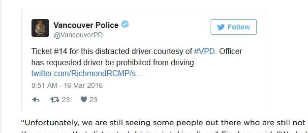 The VPD's tweet on Wednesday after catching the same driver as the one who almost crashed into a Richmond Mountie's cruiser