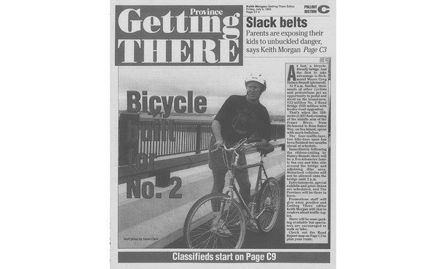 Before the No. 2 Road Bridge opened in 1993, the then mayor, Greg Halsey-Brandt, as seen in this Province newspaper clipping, touted the benefits for cyclists.