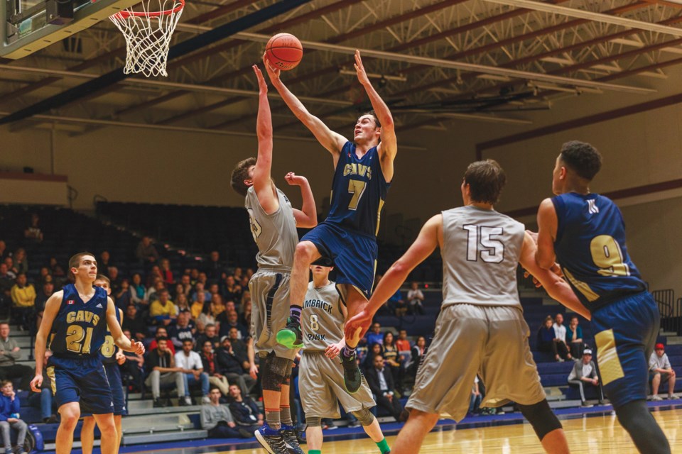 Collingwood’s Dillon Cooper soars to the basket during a win over Lambrick Park in the semifinals of the provincial AA championships last week at Langley Events Centre. The Cavaliers charged to the final where they claimed their first senior boys provincial title.