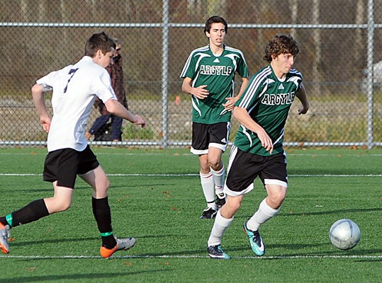 Argyle (green) vs. Dover (white) from Nanaimo in AAA soccer Provincials at Burnaby Lake Sportsplex.