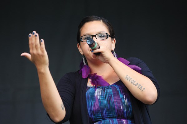 Christie Lee Charles raps in Musqueam dialect at the Tsleil-Waututh Cultural Festival at Cates Park.