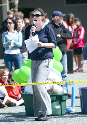 Brockton teacher Lisa Hanlon gets things underway.