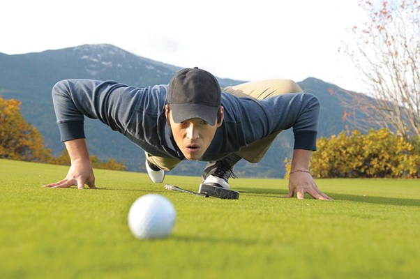 Fallen from grace, Axel Salmonbelly, played by Wesley French, hopes to one day resume his professional golf career on an episode of Health Nutz.