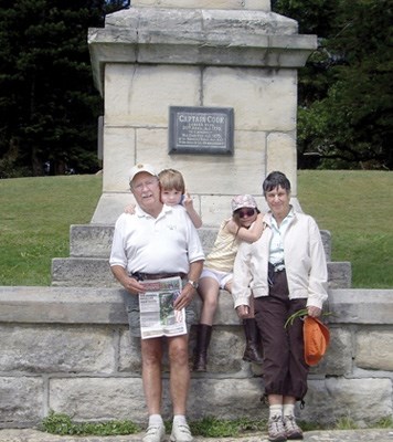 Ron, Dylan, Takaya and June Espin visit the Captain Cook monument at Botany Bay in Australia.