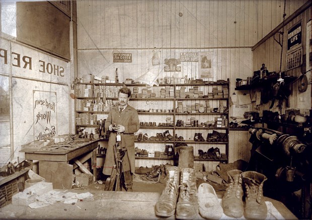 Percy M. Smith Shoe Repair, 1339 Lonsdale Avenue, North Vancouver, c. 1920, albumen print (1106).