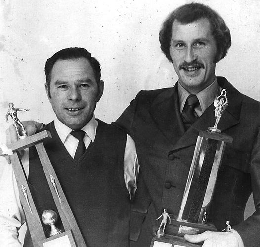 Hans Niedermayer, left, shows off the hardware with Neil Edelmann after they were selected as the most outstanding players in the North Cariboo League in 1969.