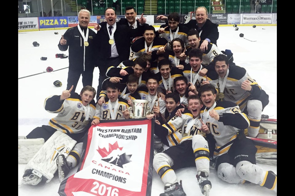 The Burnaby Winter Club Bruins celebrate winning the Western Canadian AAA bantam title.