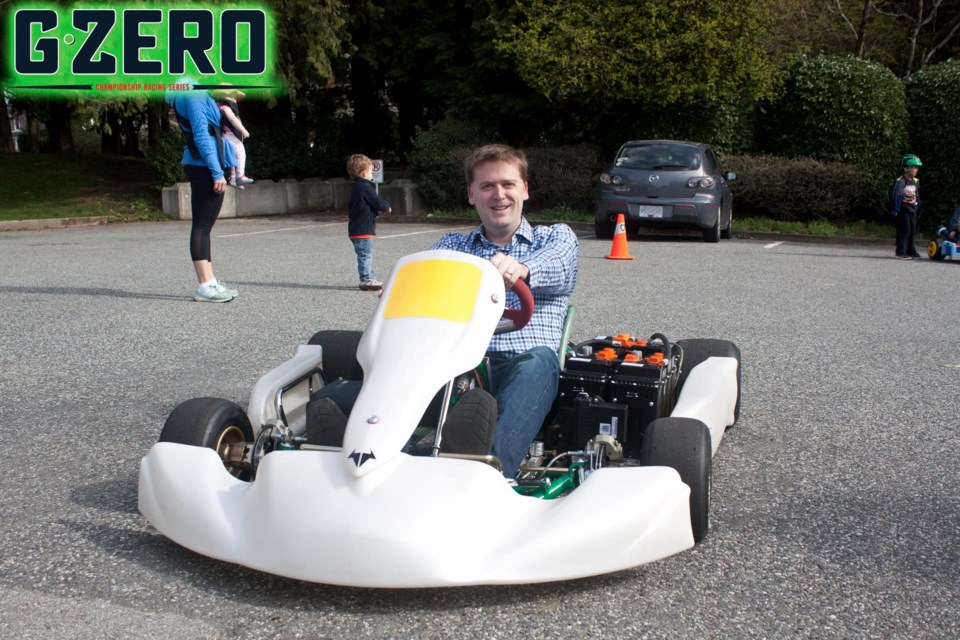 Mayor Jonathan Cote gets ready to race at a demonstration event of zero-emission karts held recently at New Westminster city hall. An event will take place on Columbia Street on the weekend of June 11 and 12.