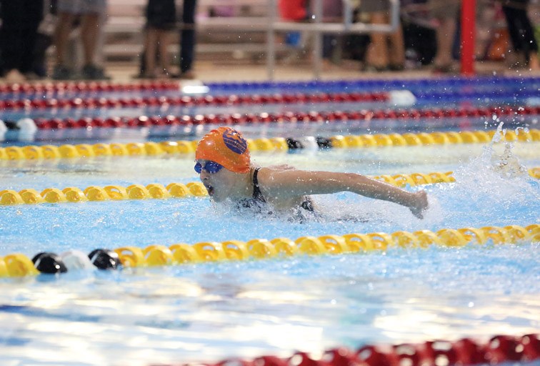 Evelyn Marchand, 11, competes in the Girls 11-12 200m Medley Relay on Saturday at the Prince George Aquatic Centre during the Prince George Barracudas Dental Moose Meet. Citizen Photo by James Doyle April 16, 2016