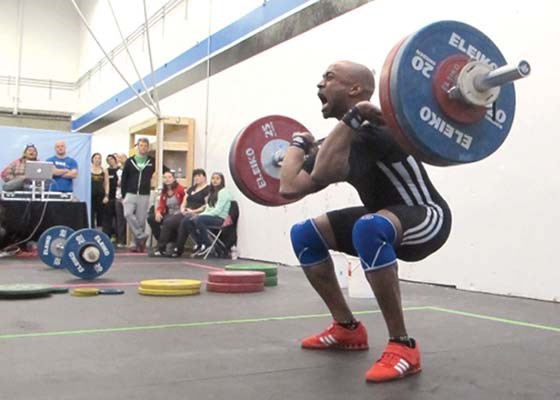 Competitor Jason Noel strains against the 121 kg in the Clean and Jerk section of the Olympic weightlifting competition held at Crossfit North Vancouver on the weekend. After competing in the lifting event on Saturday 70 male and female athletes then faced a day-long Crossfit challenge to determine the overall winner.