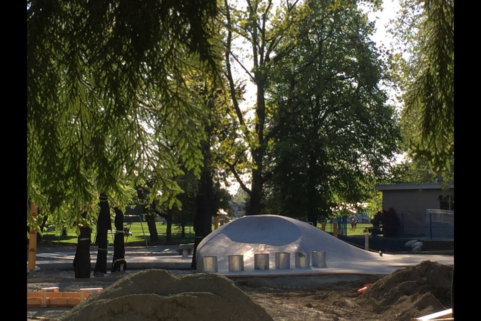 Construction is nearing completion on the new playground and spray park in Moody Park. It's expected to open in time for the Victoria Day long weekend.