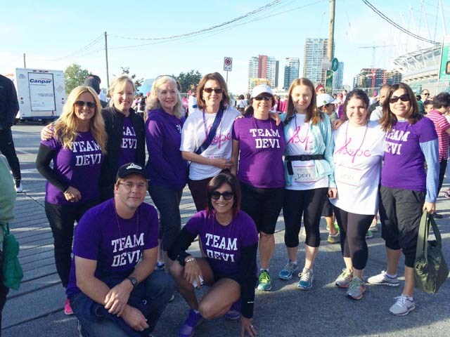 Some of Team Devi after last year’s Vancouver Marathon. Ralla was an avid marathon runner before being diagnosed with breast cancer in 2014. Now her family and friends run the race in her honour