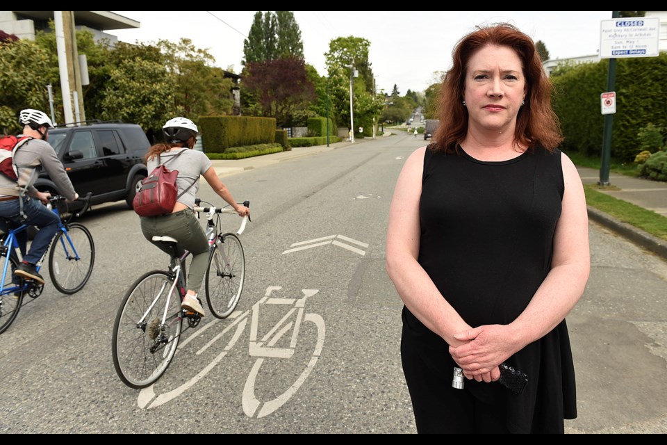 Mary Lavin says she is concerned about the safety of cyclists, pedestrians and vehicle drivers as the city embarks on the second stage of the Point Grey Road bike lane. Photo Dan Toulgoet.