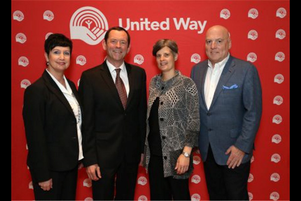 United Way of Greater Victoria CEO Patricia Jelinski, left, UVic president Jamie Cassels, Victoria Mayor Lisa Helps and Frank Bourree, owner of Chemistry Consulting Group Inc.