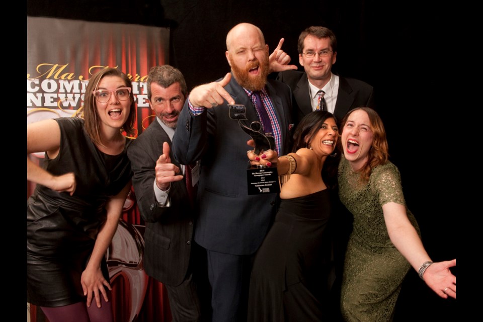 Font row left to right: Columnist Jessica Barrett, photographer Dan Toulgoet, editor Michael Kissinger, publisher Dee Dhaliwal and advertising sales representative Manon Paradis. Back row: Former Courier editor turned podcaster Barry Link.