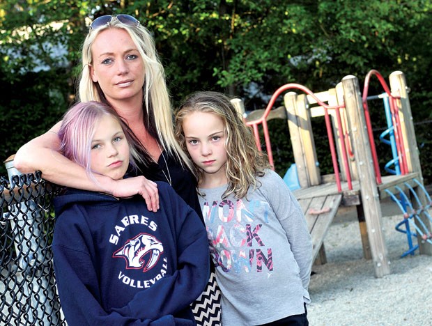 Sarah Bannister and her 10-year-old daughter Lene Pindur (left, with friend Faye Donahue) worry about finding a home to rent since their complex was sold to a developer. photo Paul McGrath, North Shore News