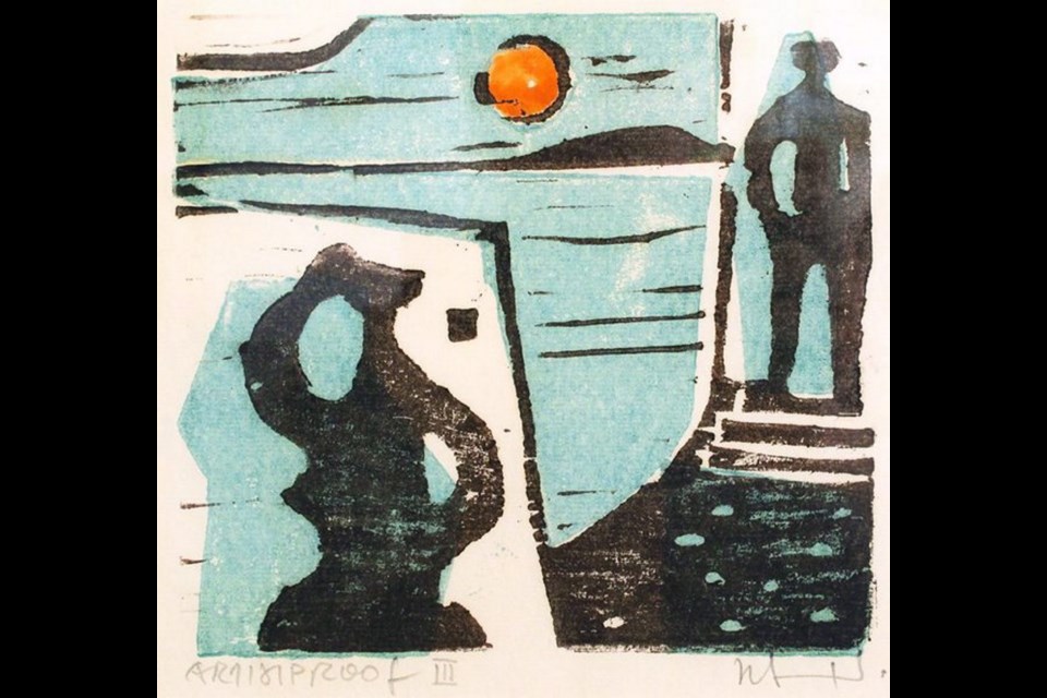 Untitled coloured woodcut print by Herbert Siebner, on show at Eclectic Arts.