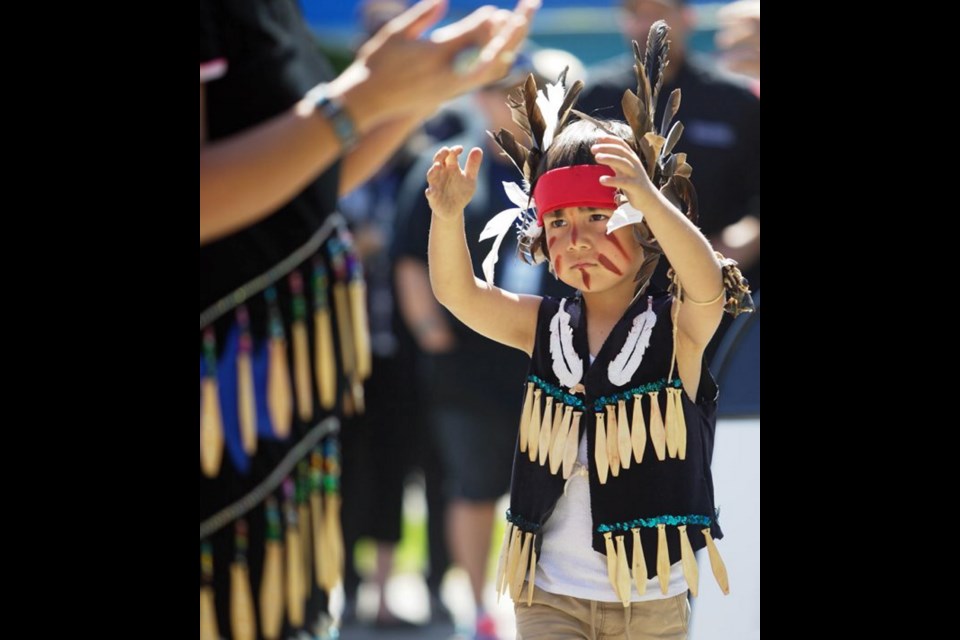 Jesse Rice, 5, performs with the Lekwungen traditional dancers as the Victoria Clipper and Songhees First Nation launched the Songhees Seafood and Steam food truck Thursday.