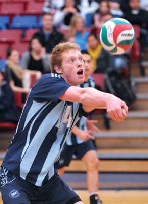 Capilano men blues #14 Spencer Kyte in action against Vancouver Island University Mariners.