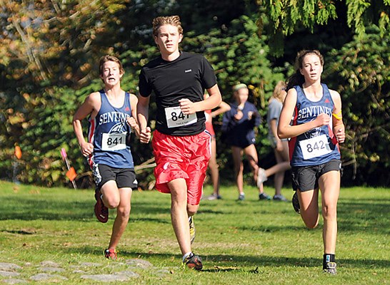 Lenny Wimmers' no. 847 leads a group in the annual Frank Reynolds Memorial Cross-Country Meet held at Cates Park. Elementary and high school students, track clubs and adults competed.