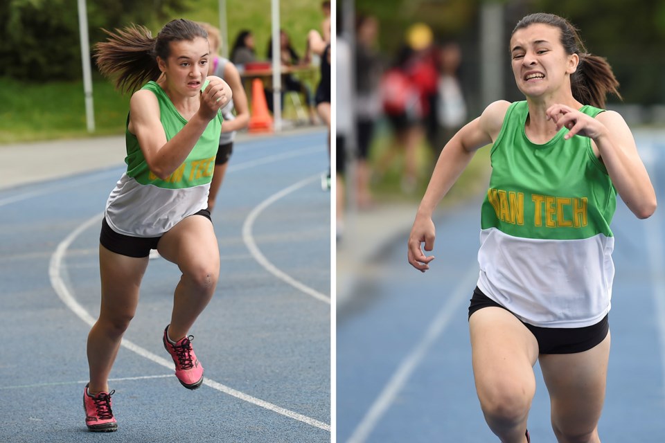 Van Tech speedster Hannah Johnston takes off in the senior girls 400-metre hurdles and crosses the line in first place at the Point Grey Secondary Track May 11, 2016. The Van Tech sprinter also won gold in the 100m hurdles. Photo Dan Toulgoet