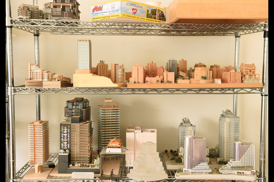 The recent history of development in Vancouver lines the shelves of AB Scale Model’s office. Photo Dan Toulgoet