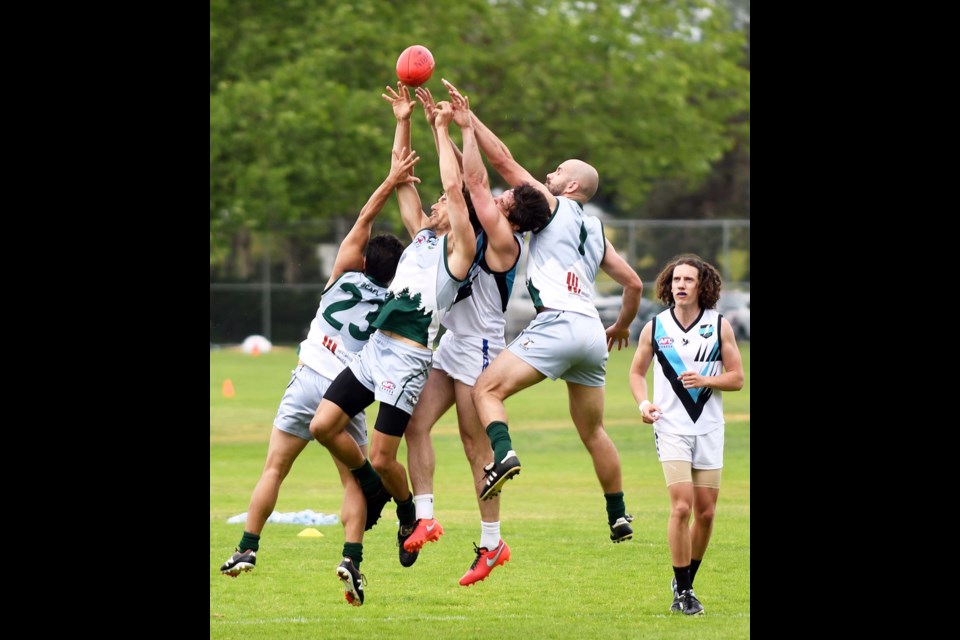 Team B.C., shown in a round-robin game against Team Atlantic last Saturday, went on to beat Alberta in the first Australian Football Canadian national championship final last week in Burnaby.