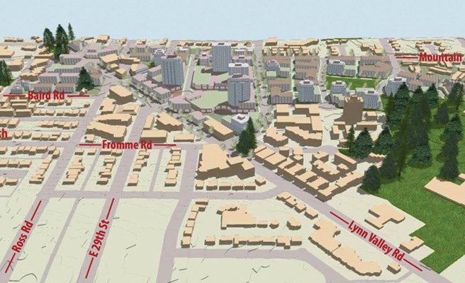 Illustrations of any highrises are hard to find in f the district's concept
documents. Several renderings only show the first few floors of much higher
buildings.