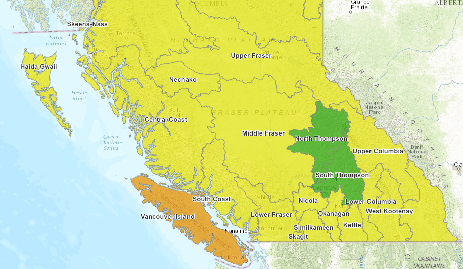 Drought map for southern British Columbia
