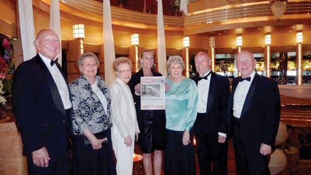 Herb Jenkin, Jean Sidey, Denalda Soyama, Ramona Barbe, Pat Gray, Glen Gray and Elwin Evans get together in the atrium on a cruise ship touring the Hawaiian Islands.