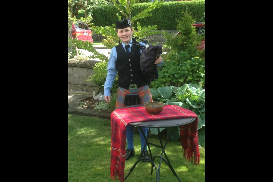Matthew Takacs donned his kilt and played his bagpipes at the recent Heritage Home Tour in New West to raise money for Royal Columbian Hospital in memory of his former neighbour. Later that day, he was part of the New Westminster Salmonbellies peewee A1 team that won a gold medal in the Wayne Goss tournament in White Rock.
