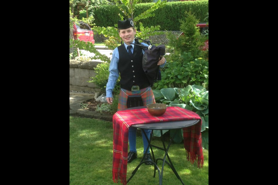 Matthew Takacs donned his kilt and played his bagpipes at the recent Heritage Home Tour in New West to raise money for Royal Columbian Hospital in memory of his former neighbour. Later that day, he was part of the New Westminster Salmonbellies peewee A1 team that won a gold medal in the Wayne Goss tournament in White Rock.