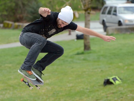 Canadian Chris Haslam in the air at Seylynn skatepark Thursday morning one of the many stops for the day.